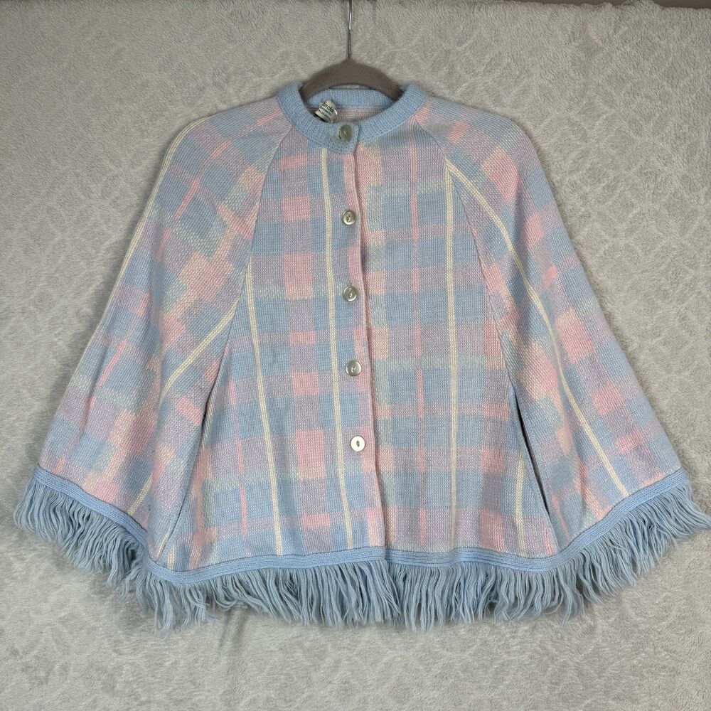 Vtg Pastel Plaid Poncho Girls OS Fringe Feminine Boho Grandmacore Retro 50s 60s
